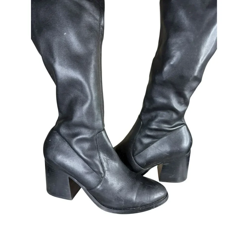 Steve Madden Black Faux Leather Over The Knee Stretch Sock Boots Size 10